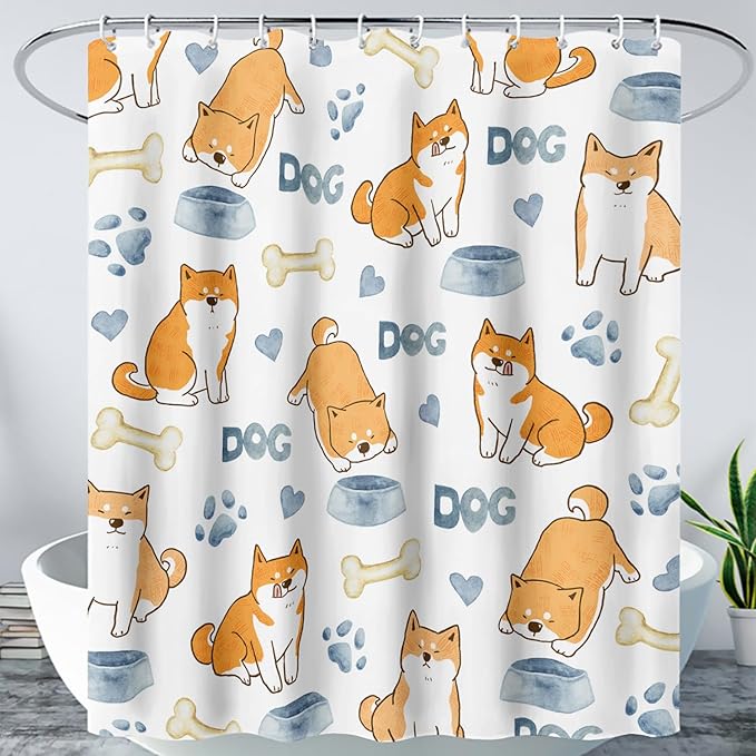AILONEN Cute Dog Shower Curtain, Cartoon Shiba Inu Dog Bath Curtain,Pet Dog Paw Print Dog Lover Minimalist White Waterproof Curtain with 12 Plastic Hooks(72" W*78" H)