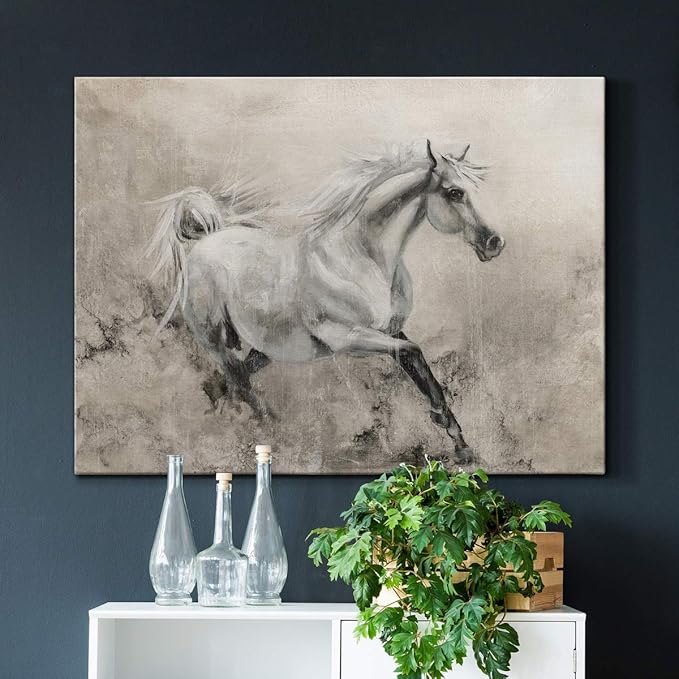 Renditions Gallery Canvas Animal Wall Art Modern Decorations Paintings Elegant Running Horse Abstract Black & White Figurative Artwork Prints for Bedroom Office Kitchen - 32"x48" LT33
