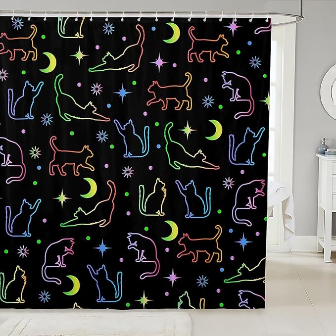 Cute Cat Silhouettes Kids Shower Curtains,Sun Moon Starry Sky Outer Space Bathroom Curtains for Girls Boys,Cute Pets Animals Watercolor Romantic Waterproof Curtains,12 Hooks Suits,72"W x 84"L