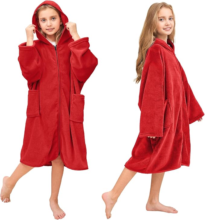 Hiturbo Kids Bath Towel Hoodie: Soft Plush Zipper Surf Poncho - Warm Fleece Changing Towels Swimming Outerwear (Red)