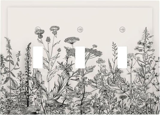 Vintage Grey Floral Herbs Wild Flowers Botanical 3 Gang Boho Light Switch Covers Decorative Country Unique Triple Toggle Wall Plate Electrical Faceplate Switchplate for Bathroom Bedroom