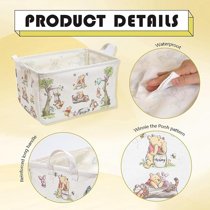 Winnie Storage Nursery Basket, Large Square Canvas Laundry Hamper With A Waterproof PE Coating, Foldable, Bathroom and Bedroom Set, Clothes ,Toys Bin, Baby Nursery Hamper Decor(White)