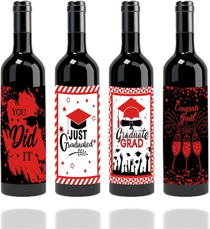 24Pcs Graduation Gift Wine Labels Congrats Grad Wine Bottle Stickers Graduation Party Waterproof Wine Bottle Decoration Cover for College Congrats Graduation Party Decorations, 4 Design