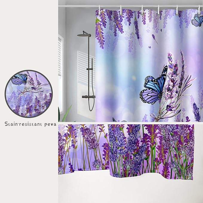 AILONEN Flying Butterfly Shower Curtain for Girl Women,Purple Lavender Flower Butterfly Floral Decor Bath Curtain 36" W*72" H Polyester Fabric Waterproof Bathroom Bathtub Curtain with 12 Hooks