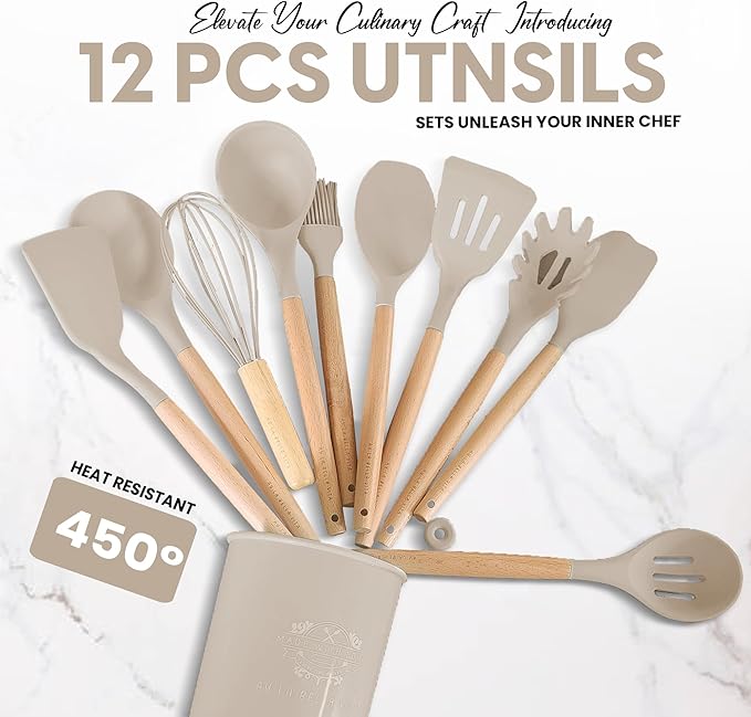 Silicone Utensil Set, 12 PCS Wooden Handle Nontoxic BPA Free 100% Food Grade Silicone Spoon Spatula Ladle Turner Tongs Kitchen Gadgets Utensil Set for Nonstick Cookware (Khaki)
