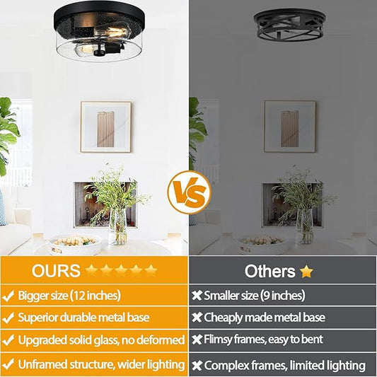 Black Flush Mount Ceiling Light Fixtures, 2-Light Ceiling Mount for Farmhouse with Seeded Glass Lampshade, Industrial Flush Mount Light Fixture Farmhouse for Hallway, Kitchen, Entryway and Foyer