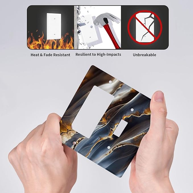 Gradient Abstract Ripple Blue Gold Marble Printed 2 Gang Single Toggle Rocker Combination Light Switch Covers Wall Plate Cover Electrical Faceplate Decorative Switchplate for Kitchen Bathroom Decor