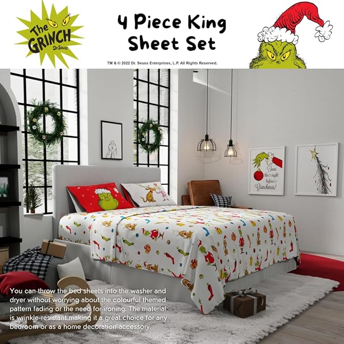 Franco Collectibles Dr. Seuss The Grinch Holiday & Christmas Bedding Super Soft Microfiber 4 Piece King Sheet Set, (Officially Licensed Product)