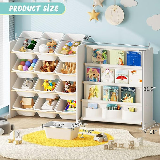 Kids Toy Storage Organizer - Toy Organizer with Kids Bookshelf, Toy Storage with 12 White Toy Bins and 4 Book Shelves, Toy Organizers and Storage for Playroom, Nursery, Kids Room, White
