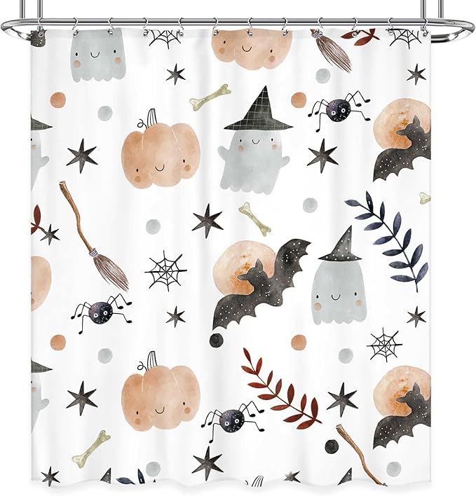 Halloween Kids Shower Curtain 60Wx72L Inch Cute Cartoon Ghost Pumpkin Shower Curtain Bathroom Set Bat Spider Web Wizard Hat Funny Stars Leaves Bath Curtain Bathtub Accessories Home Decor