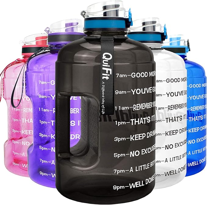 QuiFit 1 Gallon Water Bottle - 128 oz Water Bottle with Times to Drink - BPA Free Motivational Water Bottle with Infuser - Large Water Bottle - Sports Water Bottle 1 Gallon in Gym(Black, 1 Gallon)