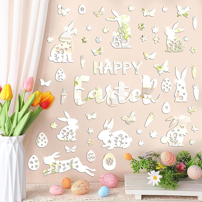 Easter Wall Decor Happy Easter Eggs Bunny Flower Wall Decals 3D Acrylic Mirror Wall Stickers Peel and Stick Easter Floral Butterfly Wall Art Mural for Spring Kids Bedroom Party Supplies Decoration