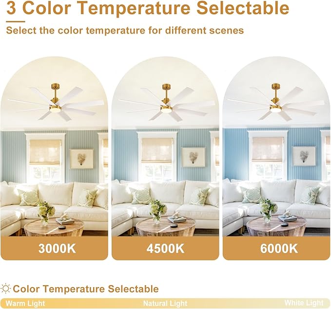 Depuley 72" Large Ceiling Fans with Lights and Remote App, Indoor Modern Ceiling Fan for Kitchen Living Room Covered Patio, 5 Speed Reversible Quiet DC Motor, 3 CCT, 8 Blades, Timer