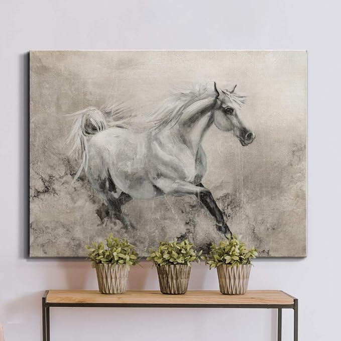 Renditions Gallery Canvas Animal Wall Art Modern Decorations Paintings Elegant Running Horse Abstract Black & White Figurative Artwork Prints for Bedroom Office Kitchen - 32"x48" LT33