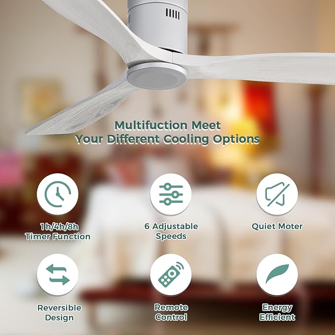 Sofucor 52" Flush Mount Ceiling Fan no Light and Remote Control, Outdoor Indoor Ceiling Fans without Light, Quiet Energy Saving with 6 Speeds, Timer, Silver