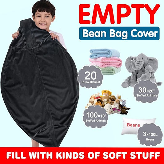 Lukeight Stuffed Animal Storage Bean Bag Chair Cover for Kids, Zipper Beanbag Chair Cover for Organizing Toddler and Kids' Rooms Plush Toys (Black, XX-Large)
