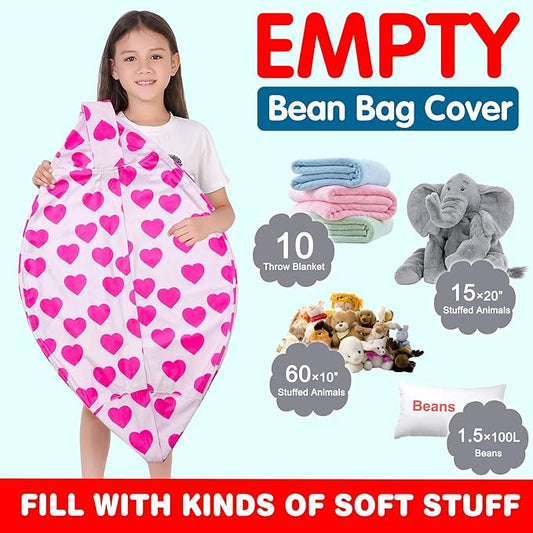 Lukeight Stuffed Animal Storage Bean Bag Chair Cover for Kids, Zipper Beanbag Chair Cover for Organizing Toddler and Kids' Rooms Plush Toys (Heart Velvet, Large)