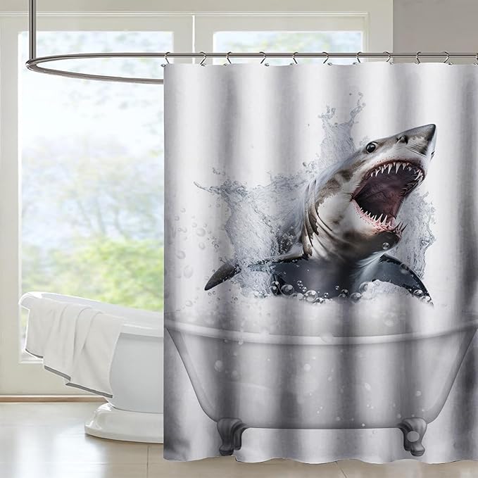 AILONEN 3D Bathtub Shark Shower Curtain for Kids 180 * 240 Inch,Fierce Shark in a Bathtub Shower Curtain,12 Pack Hooks Polyester Waterproof Fabric Decor for Bathroom Bathtub Panels