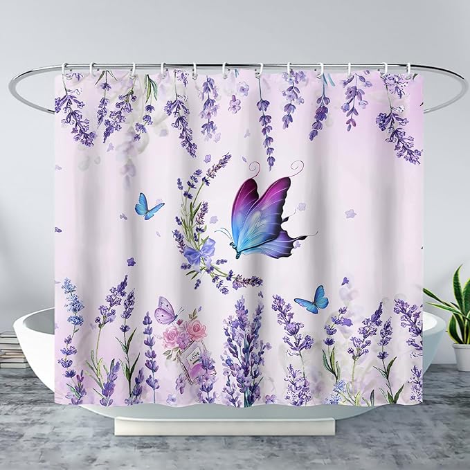 AILONEN Girls Butterfly Shower Curtain for Bathroom, Blooming Lavender Flower Purple Bath Curtain 48" W*72" H Polyester Fabric Waterproof Bathroom Curtain with 12 Hooks