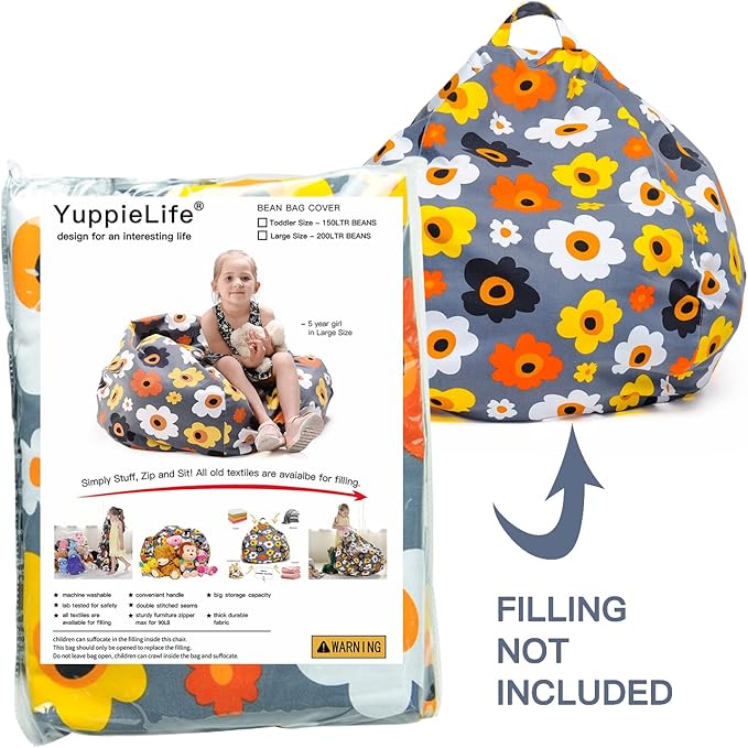 YuppieLife Kids Storage Bean Bag Cover(No Filling)Toy Organizer|Carrying Handle Sofa|Available for Kids and Teenager|Cuddle Chair|Machine Washable and Durable(38“,Grey Flora)