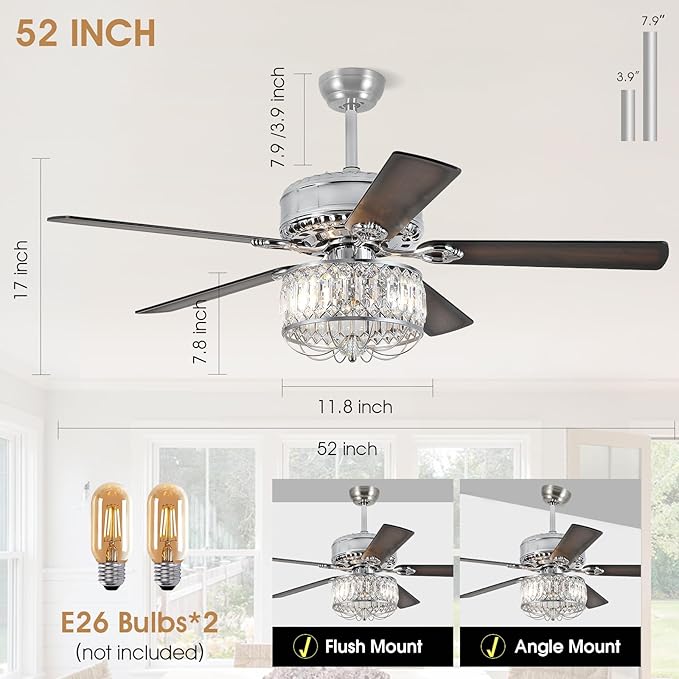 Chandelier Ceiling Fans with Lights - 52 Inch Modern Farmhouse Fandelier Ceiling Fan with Remote, Crystal Ceiling Fan Light for Bedroom Living Room, Dual Finish Wooden Blades, Chrome