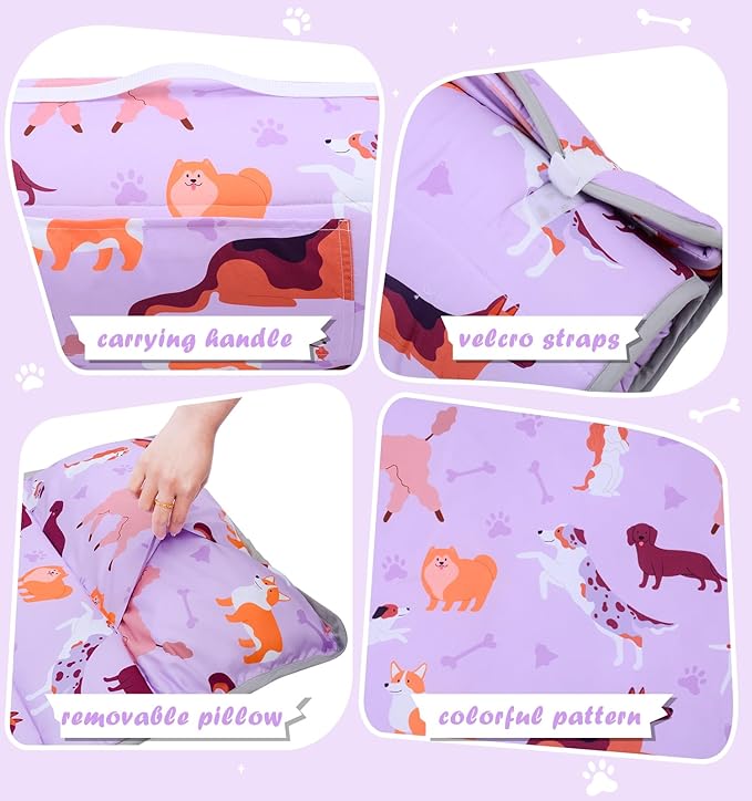 UOMNY Toddler Nap Mat Girls Kids Nap Mats with Removable Pillow and Blanket,Dogs Toddler Sleeping Bag for Preschool Daycare Pink for Dog Lovers 53x21 Inch