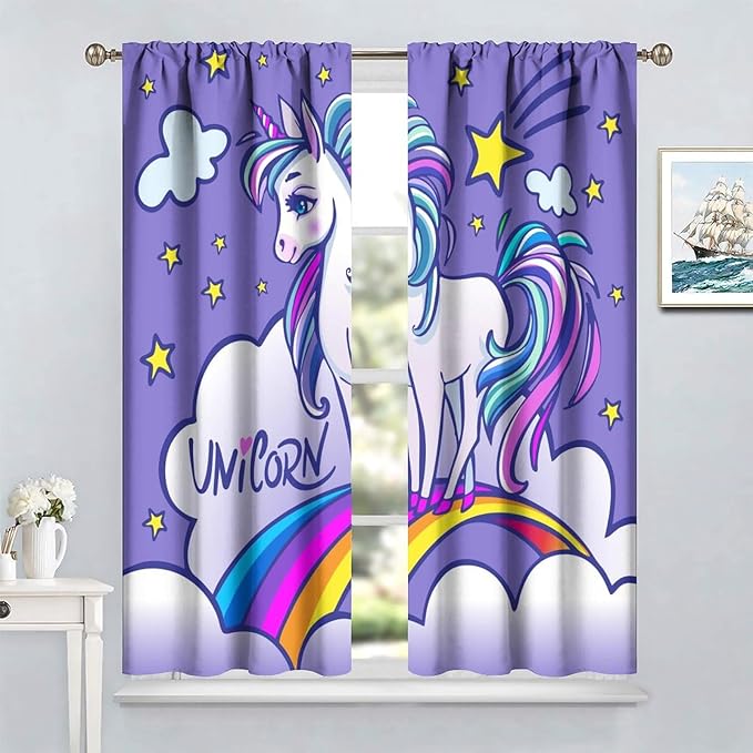 Kids Unicorn Curtains Purple Cartoon Rainbow Cartoon Room Blackout Curtains Boys Girls Baby Room Decor Curtains Living Room Decor 63x72 Inch 2 Panels