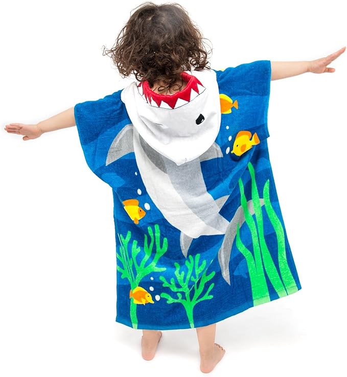 Toddler Hooded Beach Towel Coverup Cape Kids 100% Cotton Soft Quick Dry Absorbent Use for Swim Pool Bath Poncho Towels for 3 to 8 Years Old Children Size 24"x 55" in Full-Length (Brave Shark)
