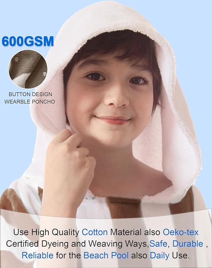 VOOVA & MOVAS Big Kids Poncho Towel with Hood - Teens Hooded Pool Towel Robe (8-16Years), Large and Absorbent Cotton - Versatile for Beach, Pool, Swim, and Bath, Brown Cabana Stripe