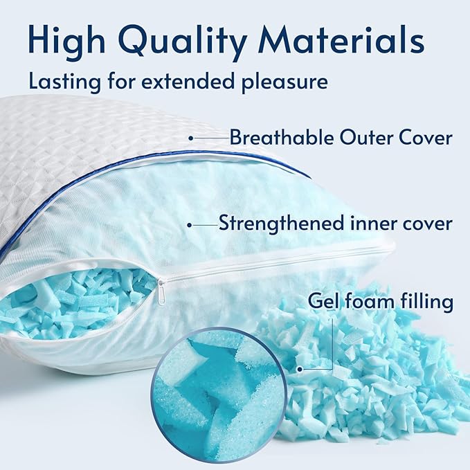 viewstar Memory Foam Pillows Queen Size Set of 2, Adjustable Firm Pillows for Side Back Stomach Sleepers, Shredded Gel Pillows for Sleeping 2 Pack with Washable Removable Cover 19"x 28"