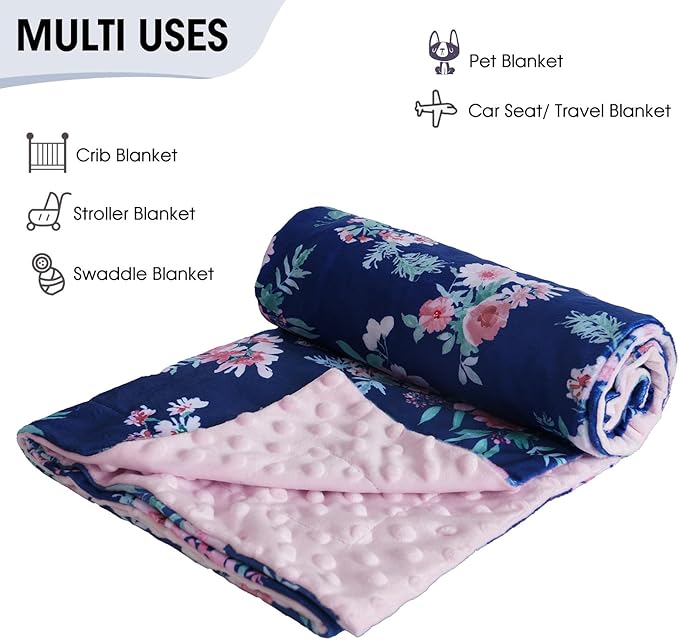 Minky Baby Blanket for Girls, Soft Lightweight Micro Fleece Blanket with Double Layer, Dotted Backing, Breathable Receiving Blanket for Newborns, 30x40 Inches, Navy Floral