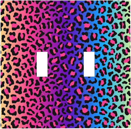 Colorful Leopard Double Toggle Light Switch Covers 2 Gang Wall Plate Dual Decorative Switchplate Electrical Faceplate for Bathroom Country Kitchen Bedroom Decor, 4.9" x 5"