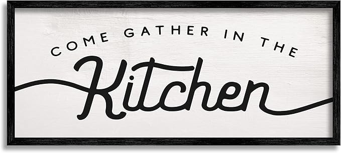 Stupell Industries Come Gather in The Kitchen Sign Family Charm, Designed by Daphne Polselli Black Framed Wall Art, 10 x 24, Off- White