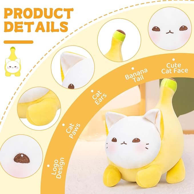 Stuffed Animal Plushie Toy, Cute Cat Plush Stuffed Pillow, Banana Cat Stuffy Toy Plush Pillow Birthday Toy for Kids & Adults