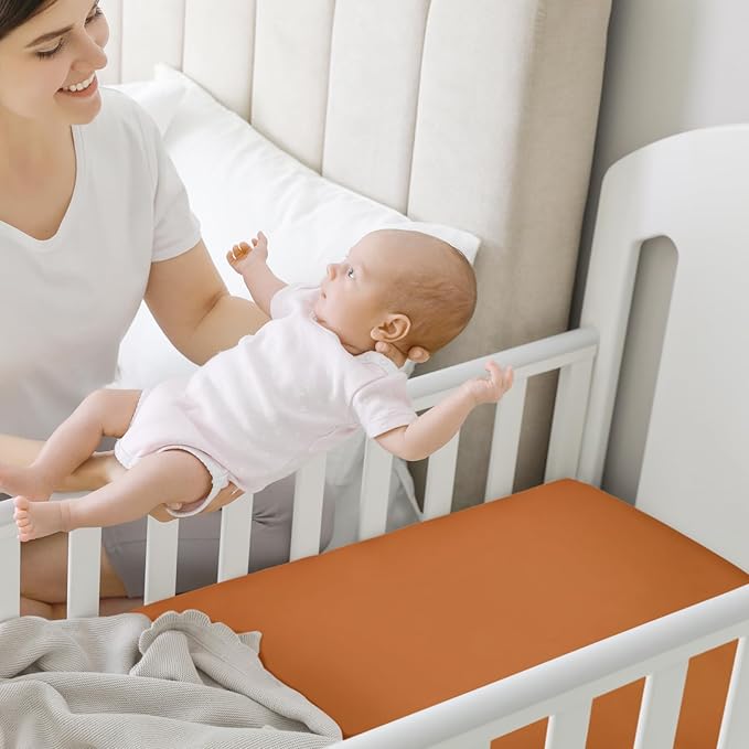 Pack and Play Sheets Fitted, 2-Pack Mini Crib Sheets - Pack N Play Sheets, Organic Fitted Crib Sheet for Pack and Play Mattress, Playard Baby Crib Sheets, Crib Sheets Neutral for Boys, Girls (Rust)
