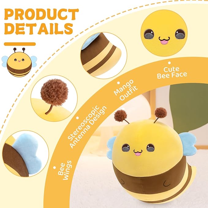 Cute Stuffed Animal Toy Fruit Plush Pillow, Funny Bee Throw Pillow, Soft Food Shape Hugging Pillow Plushie for Boys Girls Birthday Toy