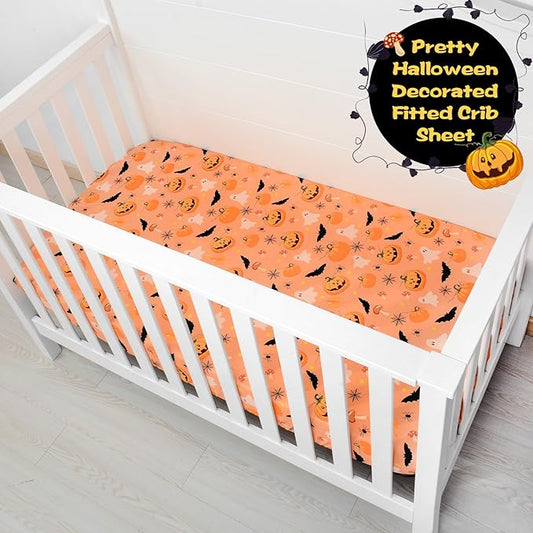 Halloween Crib Sheets, Fitted Crib Sheet with Bats, Ghosts, Pumpkin, Spider, and Mushrooms, Measuring 52'' x 28'' to fit Standard Crib & Toddler Mattresses, Orange