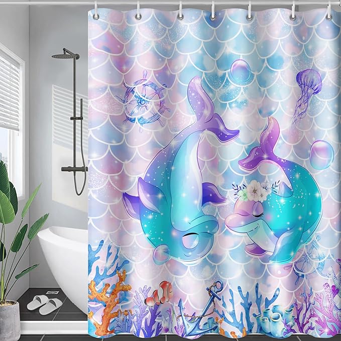 AILONEN Cute Dolphin Shower Curtain,Kawaii Ocean Dolphin Bathroom Curtain for Kids Girls Women,Cartoon Fish Scale Mermaid Bath Curtain 36" W*72" H Polyester Waterproof Shower Curtain with 12 Hooks