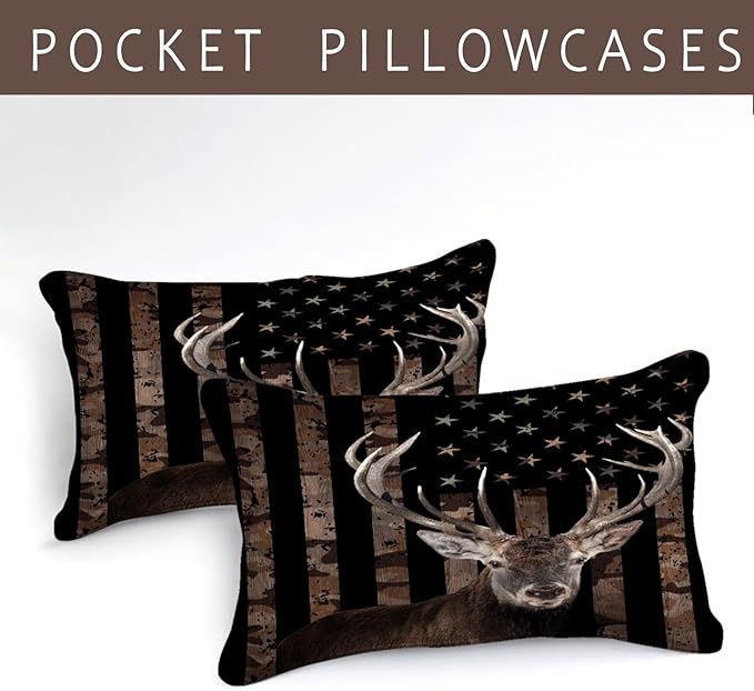 Bedbay American Flag Bedding Set California King Comforter Bed Set Deer Hunting Hunter Bedroom Decor for Men Wild Animal Camo Duvet Insert 4 Pcs Soft Lightweight Comforter Quilt Set (Deer,Cal-King)