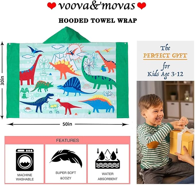 VOOVA & MOVAS Toddler Towels Age 3-10, 100% Cotton | Thick | Absorbent, Beach | Pool | Bath | Bathroom | Swim Towel | Wearable Wrap for Boys, Dinosaur | Dino