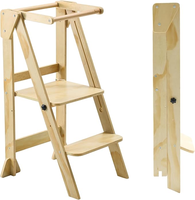 Folding Toddler Step Stool, Wooden Montessori Toddler Tower, Kitchen Tower, Kids Step Stool Toddler Tower for Toddlers and Kids 2-6 Years.