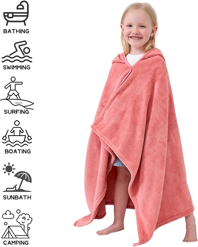 Hiturbo Kids Animal Hooded Towel: Soft Plush Fleece Blanket - 50"x30" Swim Cover Up - Pool Beach Bath Towel Wrap for 3-12 Yrs (Pink Rabbit)