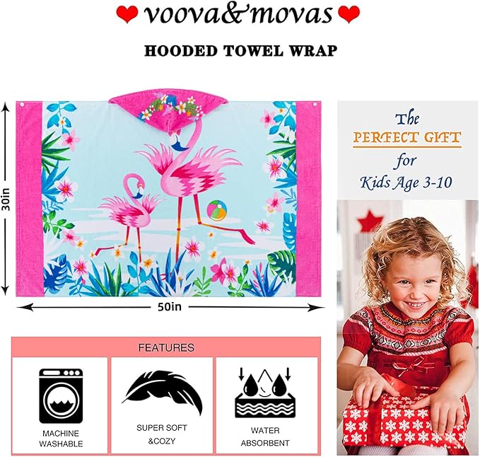 VOOVA & MOVAS Flamingo Hooded Towels for Girls Age 3-10, Soft | Thick |100% Cotton | Absorbent Wrap Towel, Perfect for Beach, Pool, Bath, Swim, Tropical Flamingo