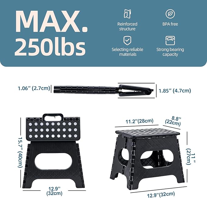 Folding Step Stool with Safety Lock, 11 Inch Pastic Foldable Stool for Adults & Kids, Portable Stepping Stool for Bathroom, Kitchen, with Anti-Skid Dots, Hold Up to 250lbs (Black, 11 Inch)