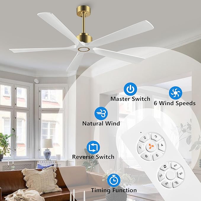 60 Inch Modern Ceiling Fan without Light, 5 Solid Wood Blades 6-Speed Noiseless Reversible DC Motor, Ceiling Fan with Remote Control for Bedroom Living Room, White Gold Finish