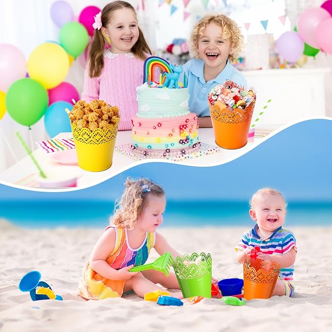 Therwen 24 Pieces Small Metal Buckets with Handle Colored Galvanized Bucket Round Metal Pail for Kids Classroom Candy Crafts,Utensils, Vase Party Favor(4.13 Inch,Hollow Lace)