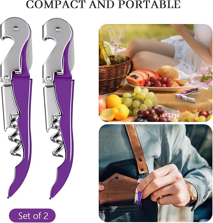 HYZ 2-Pack Wine Opener Waiter Corkscrew, Professional Wine Key for Servers, Bartender with Foil Cutter, Manual Wine Bottle Opener Double Hinged (Dark Purple)