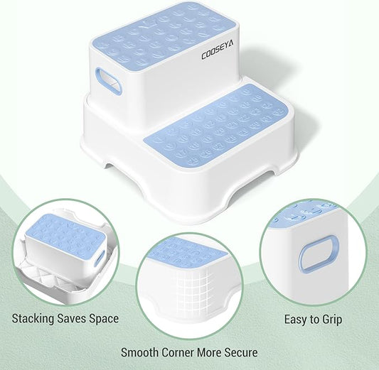 2 Step Stools for Kids,Toddler Step Stool for Bathroom Sink,No-Slip Double up Step Stool for Toddlers Bathroom, Multifunctional Toilet Step Stool for Kids,Toilet Potty Training(2 Packs)(Blue)