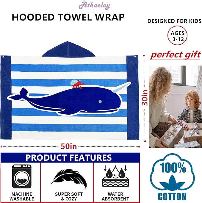 Kids Bath/Beach Towel Oversized 30" x 50" for 3 to 12 Years Boys Girls Swim Pool Cover-ups Super Soft and Absorbent Premium Cotton, Narwhal with Drawstring Bag