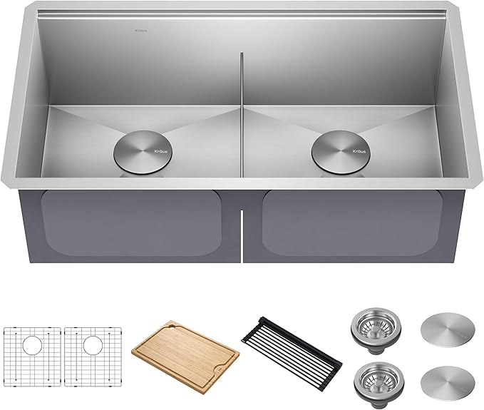 KRAUS KWU112-33 Kore Workstation 33-inch Undermount 16 Gauge Double Bowl Stainless Steel Kitchen Sink with Integrated Ledge and Accessories (Pack of 8)